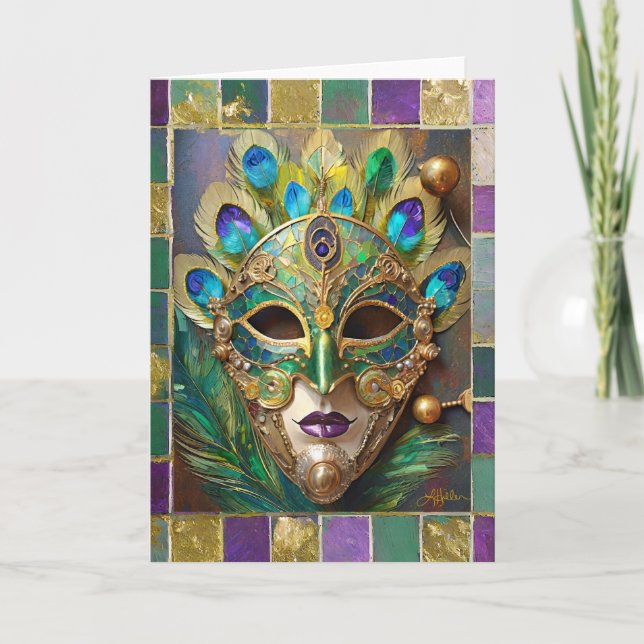 Mardi Gras Guld Ceramic Peacock Feather Mask Kort (Framsida)