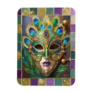 Mardi Gras Guld Ceramic Peacock Feather Mask Magnet