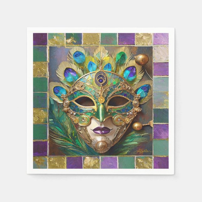 Mardi Gras Guld Ceramic Peacock Feather Mask Pappersservett (Framsidan)