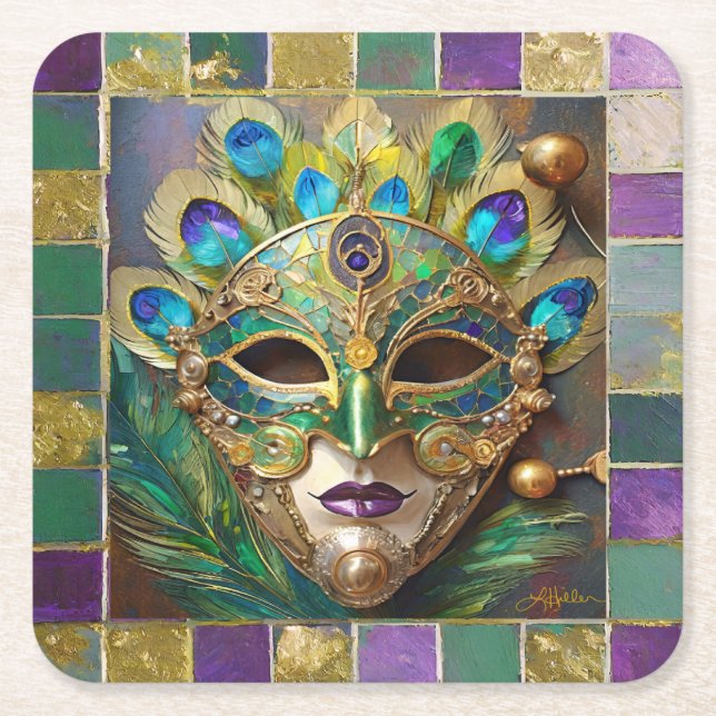 Mardi Gras Guld Ceramic Peacock Feather Mask Underlägg Papper Kvadrat (Framsidan)