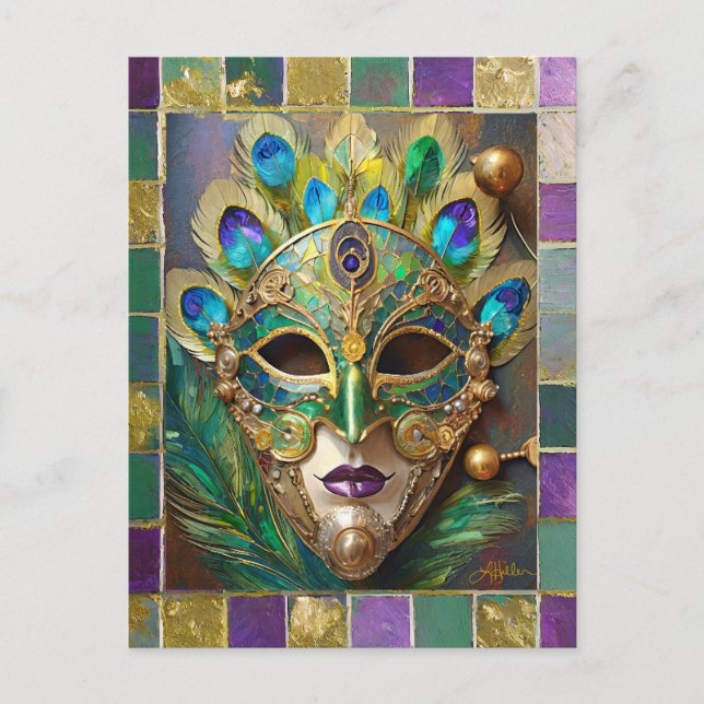 Mardi Gras Guld Ceramic Peacock Feather Mask Vykort (Framsida)