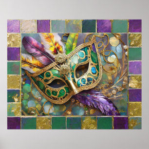 Mardi Gras Guld & Grönt Färglöst fjädermask Poster