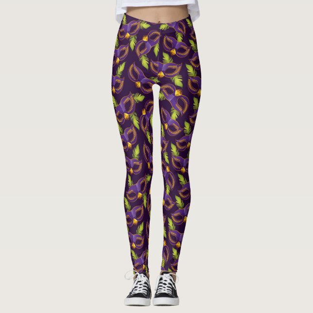 Mardi Gras Guld Grönt Lila Mask Leggings (Framsida)