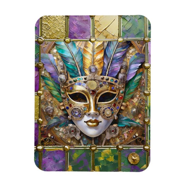 Mardi Gras Guld & Keramisk Färgrik Fjädermask Magnet (Vertikal)