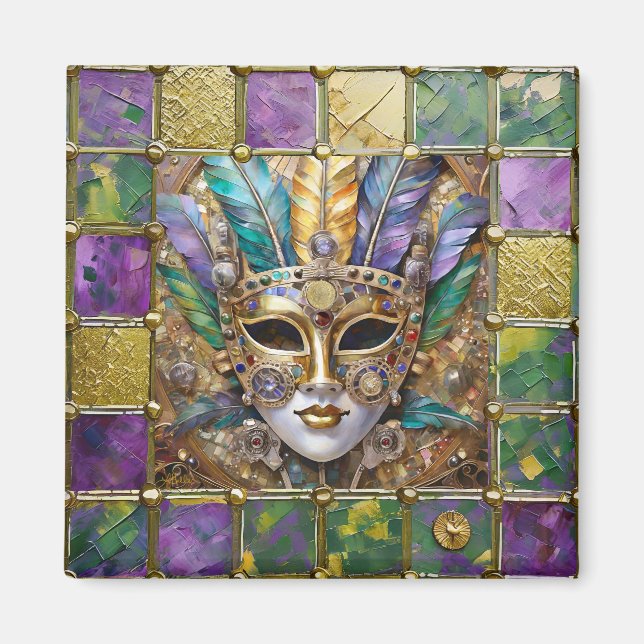 Mardi Gras Guld & Keramisk Färgrik Fjädermask Magnet (Framsidan)