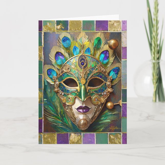 Mardi Gras Guld Keramisk Påfågel Fjädermask Kort (Framsida)