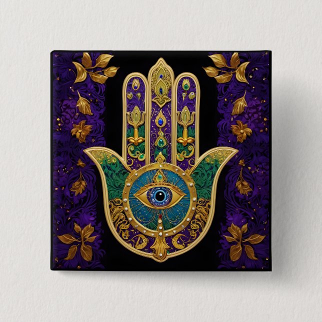 Mardi Gras Guld Lila Grönt Hamsas Art Knapp (Framsida)