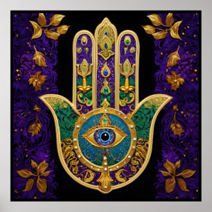 Mardi Gras Guld Lila Grönt Hamsas Art Poster