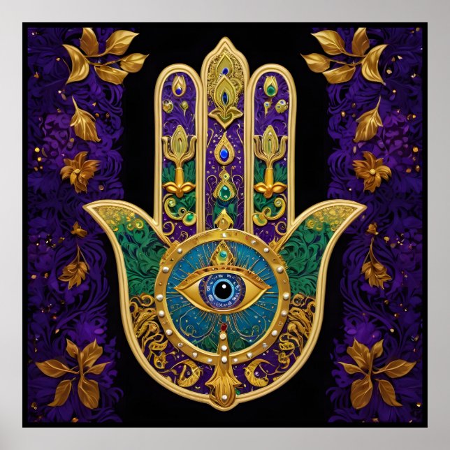 Mardi Gras Guld Lila Grönt Hamsas Art Poster (Framsidan)