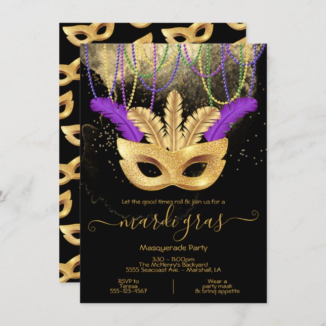 Mardi Gras Guld Maskeradfest Inbjudan (Fram/baksida)