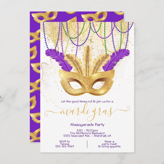 Mardi Gras Guld Masquerad Party Inbjudningar (Fram/baksida)