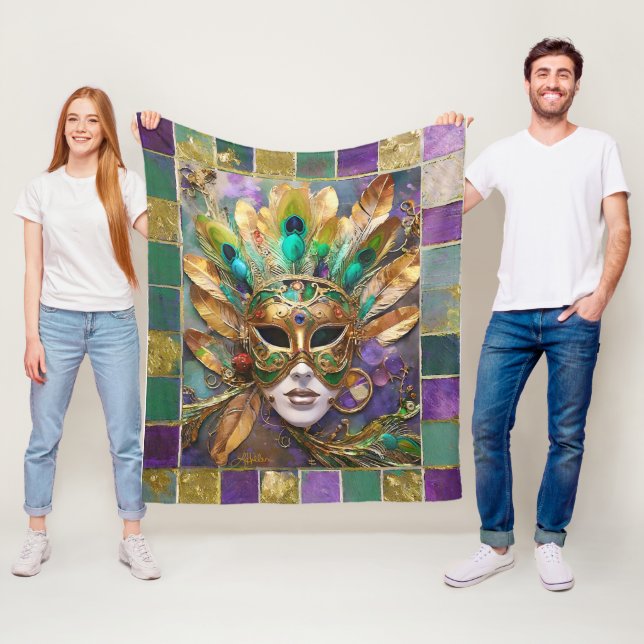 Mardi Gras Guld och Grönt Peacock Feather Mask Fleecefilt (På plats)