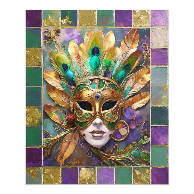 Mardi Gras Guld och Grönt Peacock Feather Mask Fototryck (Framsidan)