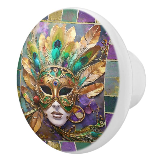 Mardi Gras Guld och Grönt Peacock Feather Mask Knopp (Höger)