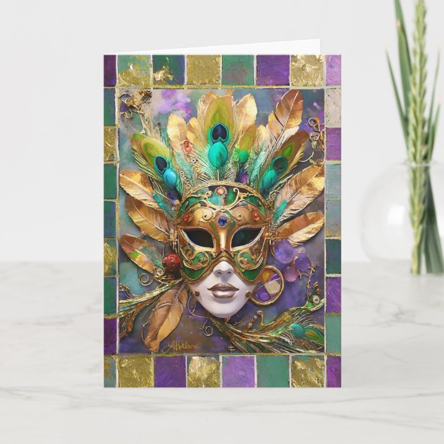 Mardi Gras Guld och Grönt Peacock Feather Mask Kort (Framsida)