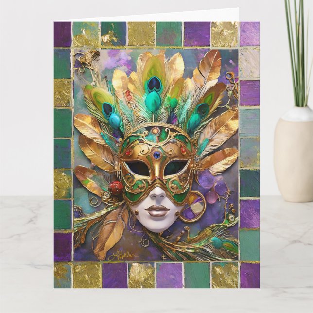 Mardi Gras Guld och Grönt Peacock Feather Mask Kort (Framsida)