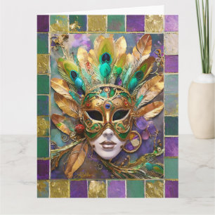 Mardi Gras Guld och Grönt Peacock Feather Mask Kort