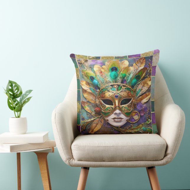 Mardi Gras Guld och Grönt Peacock Feather Mask Kudde (Stol)