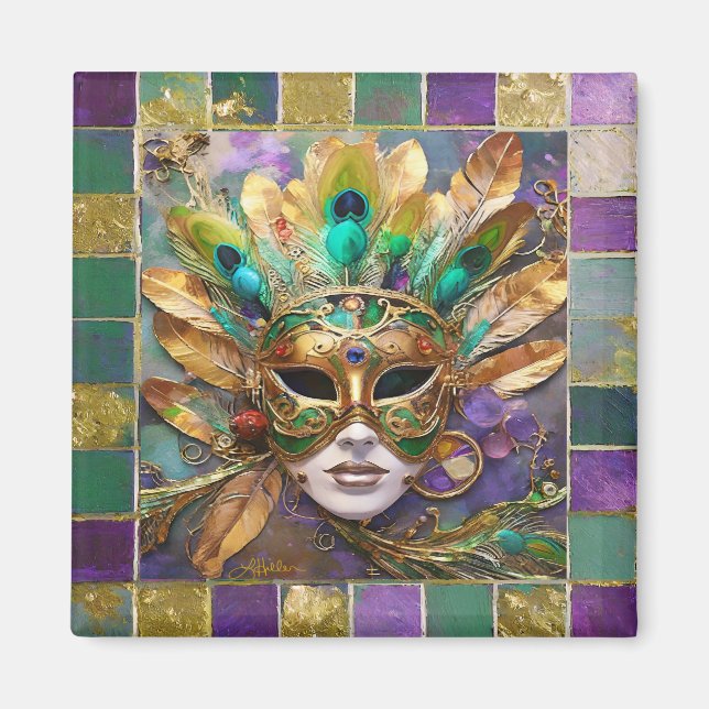Mardi Gras Guld och Grönt Peacock Feather Mask Magnet (Framsidan)