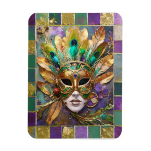 Mardi Gras Guld och Grönt Peacock Feather Mask Magnet