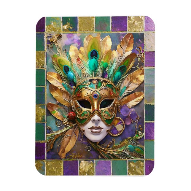 Mardi Gras Guld och Grönt Peacock Feather Mask Magnet (Vertikal)