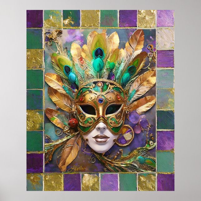 Mardi Gras Guld och Grönt Peacock Feather Mask Poster (Framsidan)
