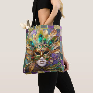 Mardi Gras Guld och Grönt Peacock Feather Mask Tygkasse