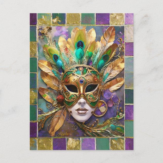 Mardi Gras Guld och Grönt Peacock Feather Mask Vykort (Framsida)