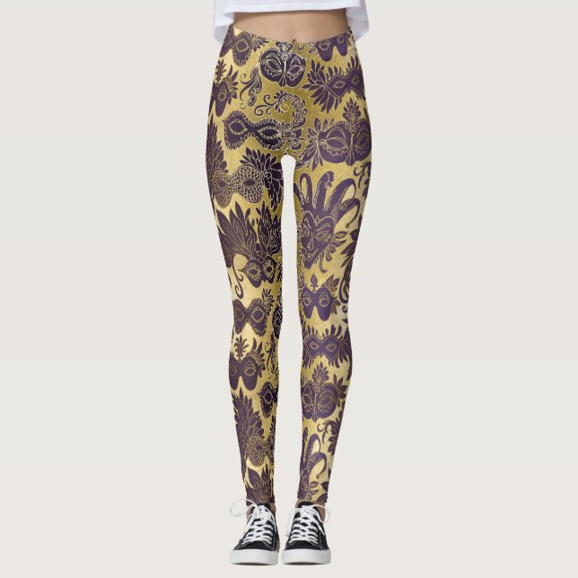 Mardi Gras Guld och Lila Masks justerade Leggings (Framsida)