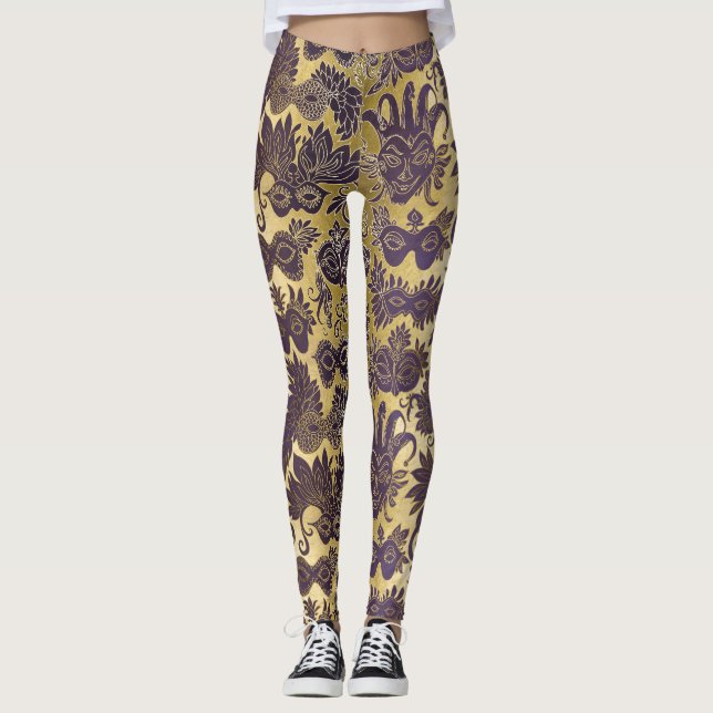 Mardi Gras Guld och Lila Masks Leggings (Framsida)