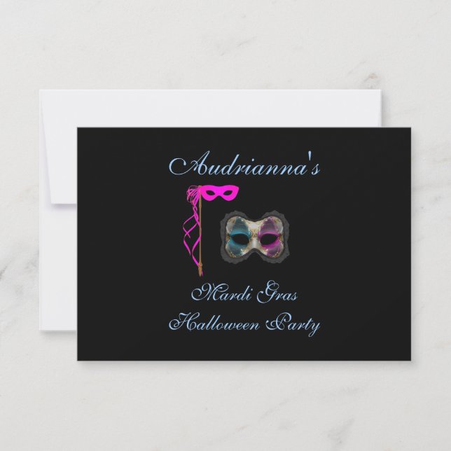 ’Mardi Gras Halloween fest’ - Rosa/Blue Masks Inbjudningar (Framsida)