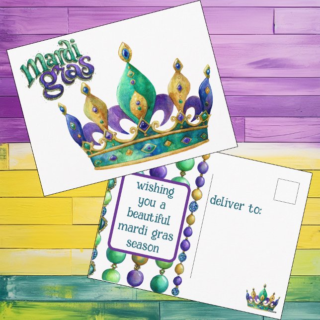 Mardi Gras-hälsning med krona och pärlor Helg Vykort (Customize this Mardi Gras postcard featuring a cute Mardi Gras Crown and Mardi Gras beads.)