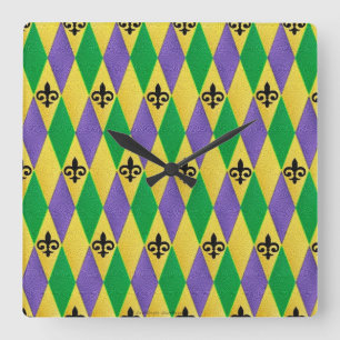 Mardi Gras Harlequin Fleur De Lis Fyrkantig Klocka