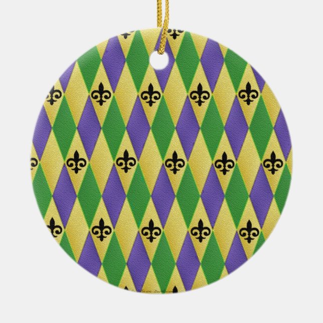 Mardi Gras Harlequin Fleur De Lis Julgransprydnad Keramik (Framsidan)