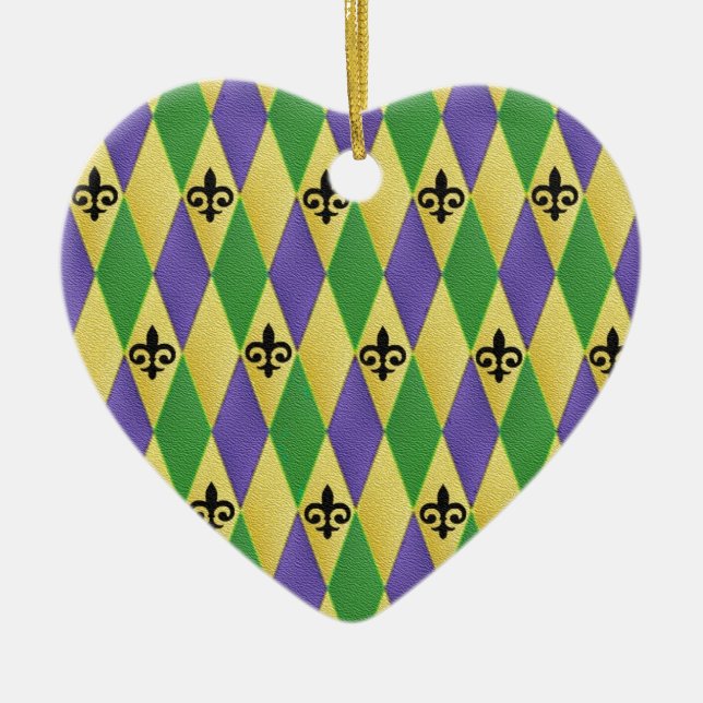 Mardi Gras Harlequin Fleur De Lis Julgransprydnad Keramik (Framsidan)