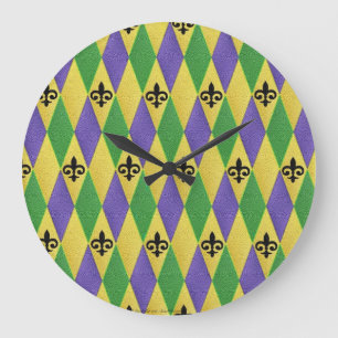 Mardi Gras Harlequin Fleur De Lis Stor Klocka