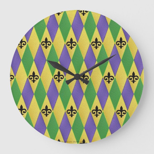 Mardi Gras Harlequin Fleur De Lis Stor Klocka (Framsida)