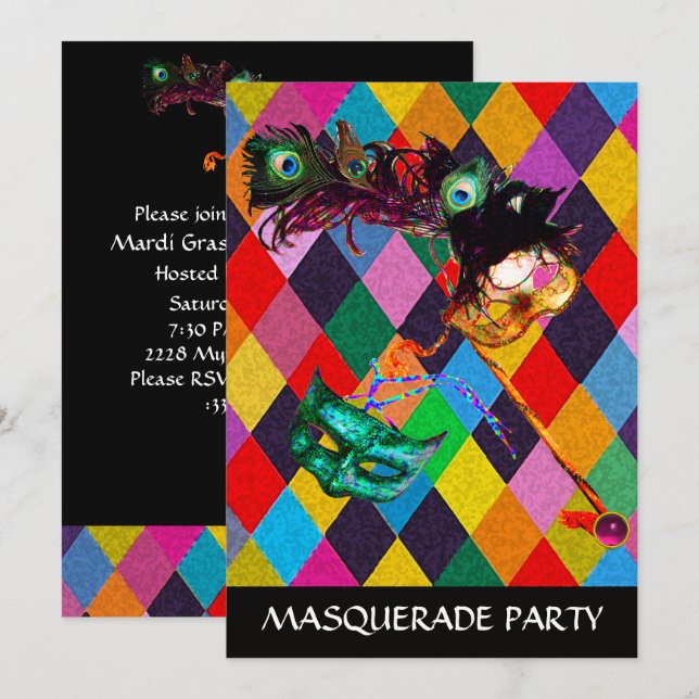MARDI GRAS HARLEQUIN MÖNSTER Colorful Rhombi Inbjudningar (Fram/baksida)
