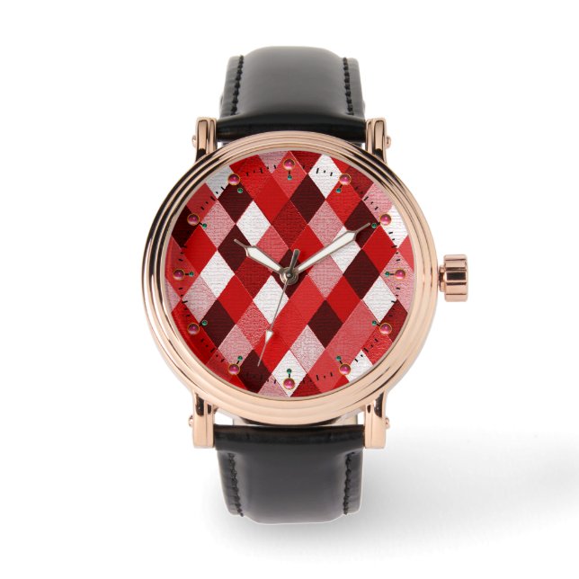 MARDI GRAS HARLEQUIN MÖNSTER Red Rosa White Rhombi Armbandsur (Framsida)