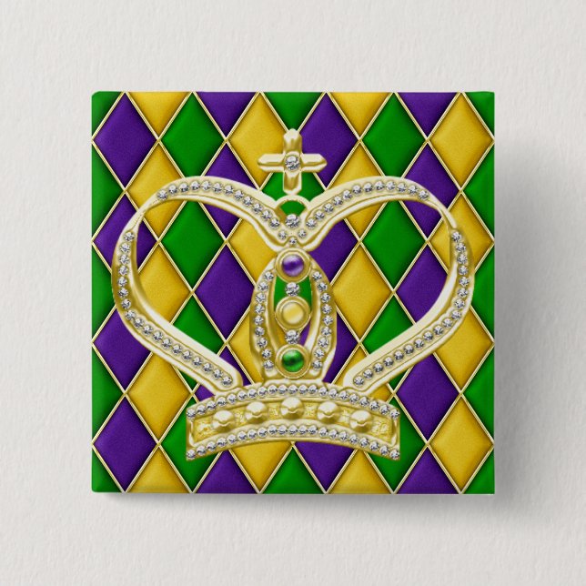 Mardi Gras Harlequin Square Button med Krona Knapp (Framsida)