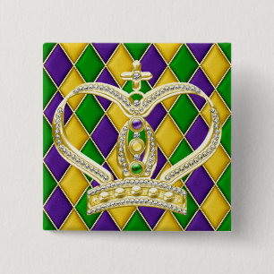Mardi Gras Harlequin Square Button med Krona Knapp