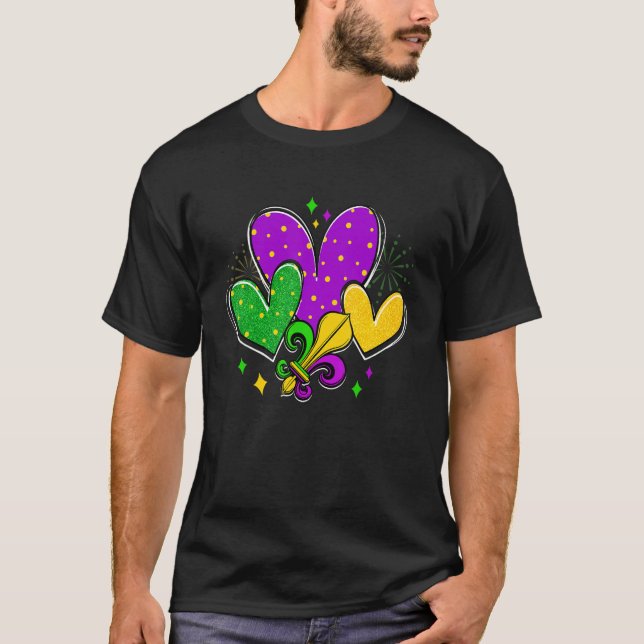 Mardi Gras Hearts Love Mardi Gras Fleur De Lys Fes T Shirt (Framsida)