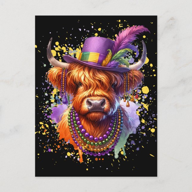 Mardi Gras Highland Cow Vykort (Framsida)