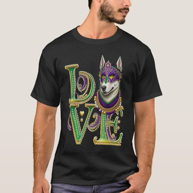 Mardi Gras Husky Word LOVE Masquerade T Shirt (Framsida)