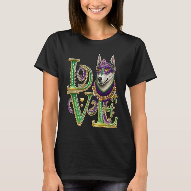 Mardi Gras Husky Word LOVE Masquerade T Shirt (Framsida)