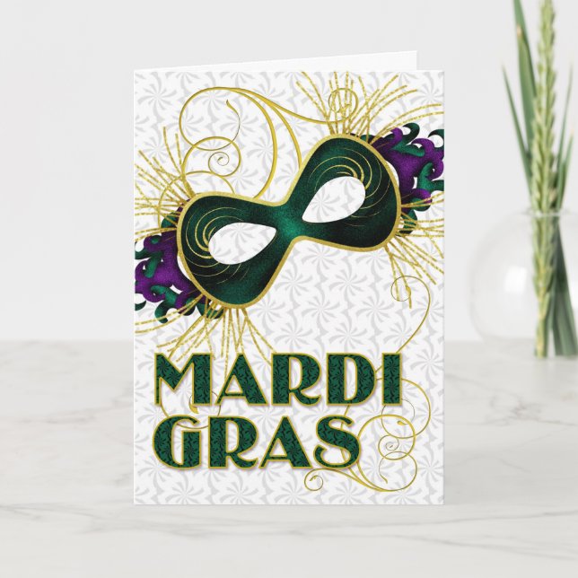 Mardi Gras i Violet Guld Grönt Mask Kort (Framsida)