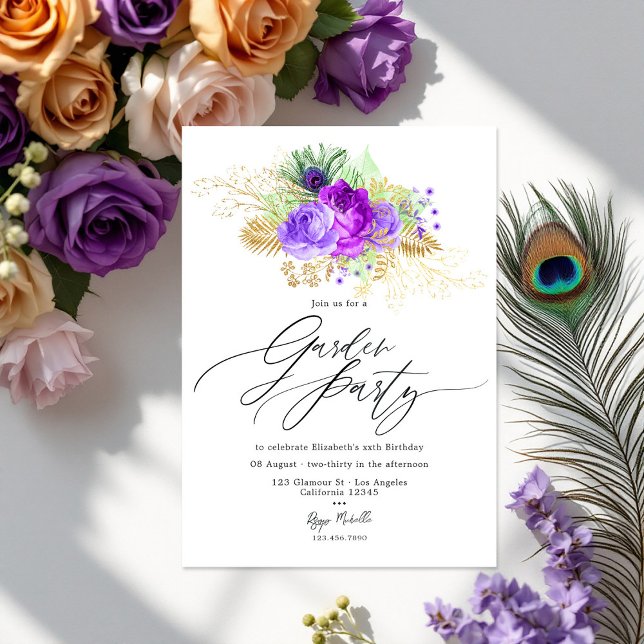 Mardi Gras Inspired Lila och Guld Blommigt Garden Inbjudningar (Mardi Gras Inspired Purple and Gold Floral Garden Invitation)