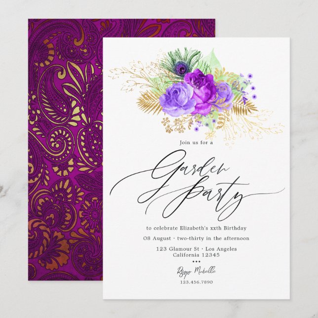 Mardi Gras Inspirerad Lila och Guld Blomsterträdgå Inbjudningar (Fram/baksida)