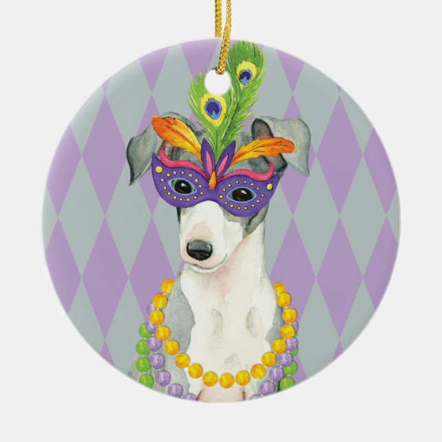 Mardi Gras Italienska Greyhound Julgransprydnad Keramik (Framsidan)