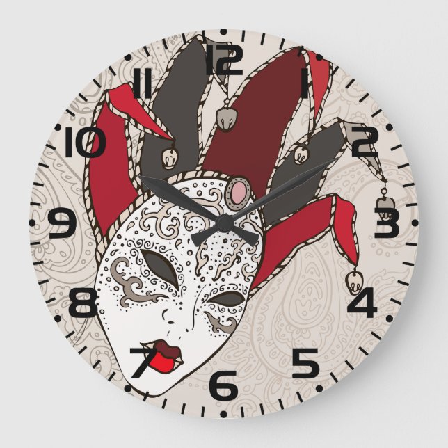 Mardi Gras Jester Mask Venetian Carnival Stor Klocka (Framsida)